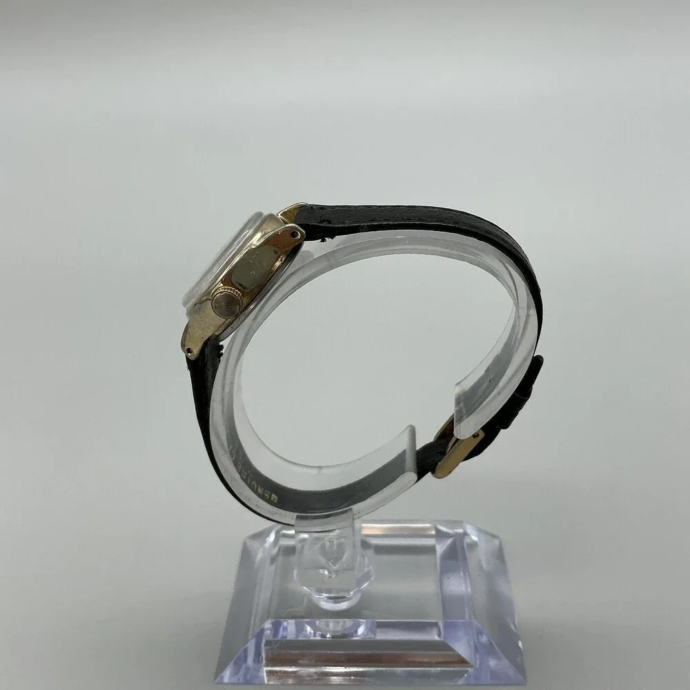 Vintage Q&Q Womens Watch 22mm Black Dial Gold Tone Manual Wind Leather Strap